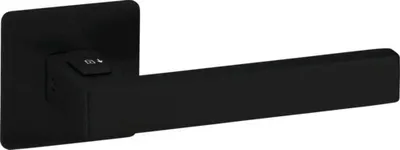 A black door handle on a white background.