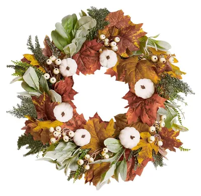 Produktbild von Herbstkranz für Haustür 61 cm mit weißen Kürbissen und braunen Blättern