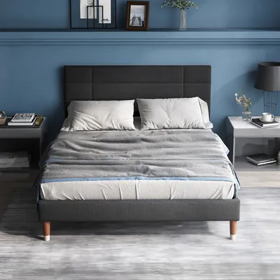 Produktbild von Grau Polsterbett Doppelbett mit Lattenrost 140x200cm gepolstertes Bettgestell mit Kopfteil in Dunkelgrau Leinen  Ohne Matratze