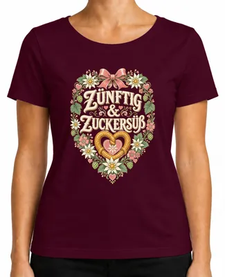 Imagen del producto de Zünftig & Zuckersüß: Camiseta tradicional bávara para , estilo "lederhosen" para mujer, color burdeos, talla M