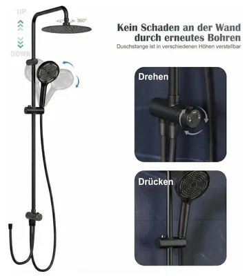 Immagine prodotto di Sistema doccia - Set doccia a pioggia - Soffione rotondo da 25 cm - Colonna doccia regolabile in altezza - Tre tipi di getto - Doccetta - Acciaio inossidabile 304 - Nero