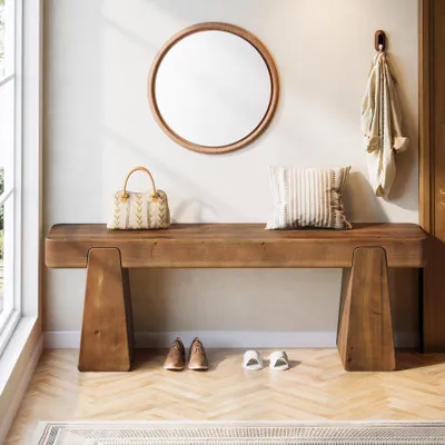 Image de Banc en bois massif, banc d'entrée de style rustique en bois de 120 cm de long avec pieds renforcés, bancs étroits pour le couloir, le salon ou au pied du lit