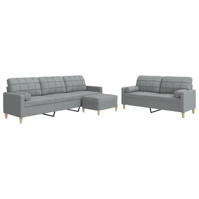 Produktbild von 3-tlg. Sofagarnitur mit Fußhocker & Dekokissen Hellgrau Stoff