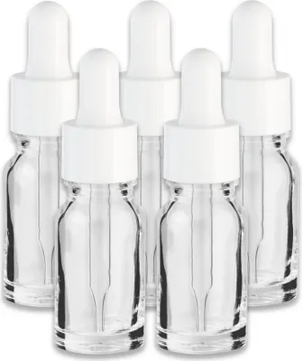 Produktbild von 5x Farblose Glasflasche 10 ml mit weißer Pipette Apothekerflasche Set