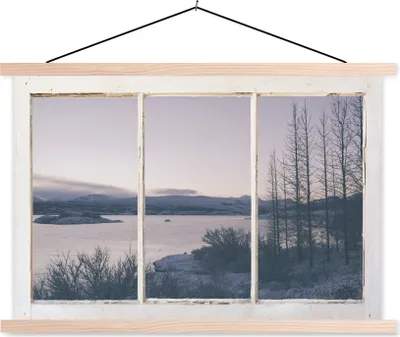 Produktbild von MuchoWow® Textilposter Aussicht - See - Berg 120x80 cm mit holzfarbenen Rahmen - Aufhängeset