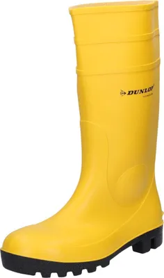 A yellow Dunlop boot with a black sole.