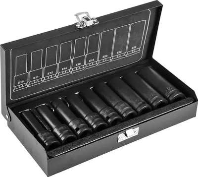 Imagen del producto de Juego de vasos de impacto de 1/2" E Torx, largos, de 9 piezas (E10, 11, 12, 14, 16, 18, 20, 22, 24), acero CR-MO - NEO TOOLS - 12-110