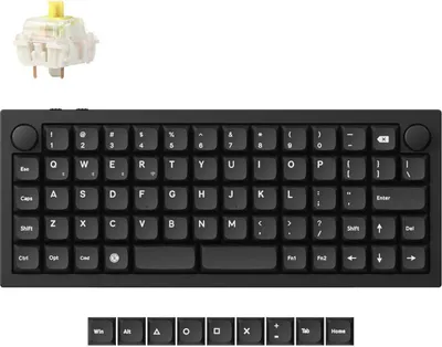 A black mechanical keyboard and a single keyboard switch are displayed against a white background. Below the keyboard are individual keycaps.