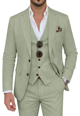 Produktbild von ZKHOECR Herrenanzug, 3-teilig, Leinen, schmale Passform, Blazer, Weste, Hose, Se