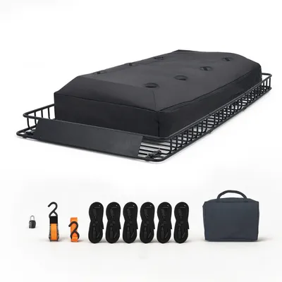 Produktbild von Dachkorb Auto - Dachgepäckträger Dachträgerkorb - Robuste Stahlkonstruktion - 228 x 172 x 15 cm - 113,4 kg Tragkraft - Mit Wasserdichter Tasche - Mit Ratschengurten - Für SUV Lkw Pkw