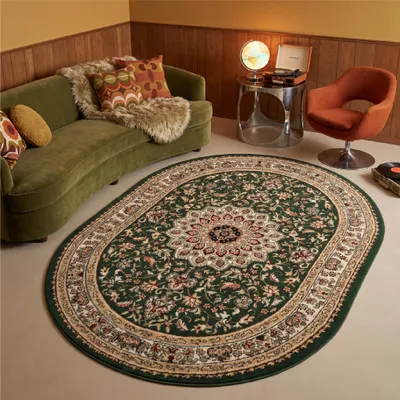 Image de Tapis Tapiso modèle ATLAS, forme ovale, style oriental, motif décoratif vert, idéal pour un salon, dimensions : 180 x 250 cm