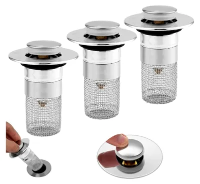 Produktbild von 3 Stück Waschbeckenstöpsel, Pop Up Abflusssieb für Waschbecken, universeller Abflussstopfen mit Sieb, 34-40mm Edelstahl Waschbeckenstöpsel, Haarsieb für Küche, Bad, Waschbecken und Badewanne