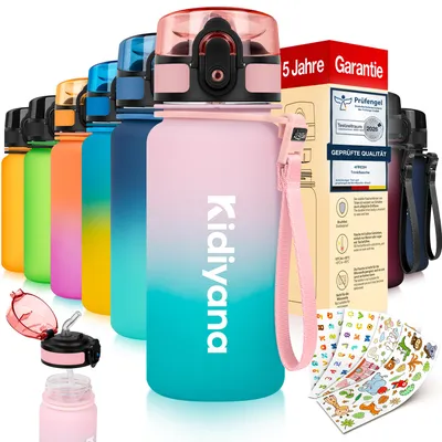 Immagine prodotto di Borraccia per bambini 4FRESH da 350 ml in Tritan – senza BPA, a tenuta stagna con cannuccia, apertura con un clic, cinturino da trasporto e adesivi