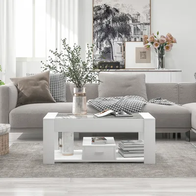Image de Merax Table basse avec plateau en verre transparent et casiers, table basse blanche