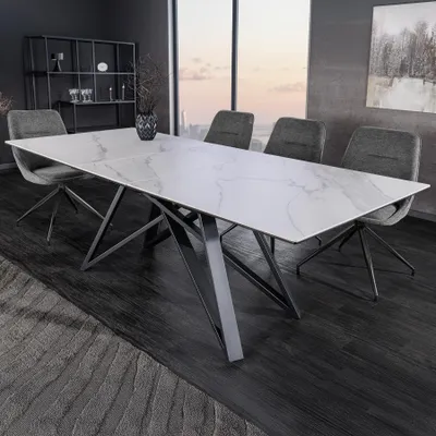 Produktbild von riess-ambiente Esstisch ATLAS 160–200cm weiß ausziehbar – Marmor-Design Keramik, schwarz Metall