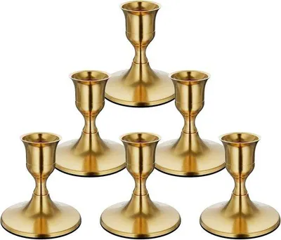 Produktbild von Sechs goldene, kegelförmige Kerzenständer, antike Metall-Kerzenständer, geeignet für Tischdekoration, Kaminwanddekoration und Hochzeitsdekoration.