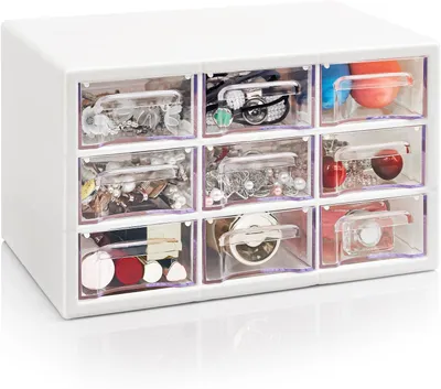 Immagine prodotto di Organizzatore da scrivania, 25 x 15 x 16 cm, 9 cassetti, impilabile, bianco