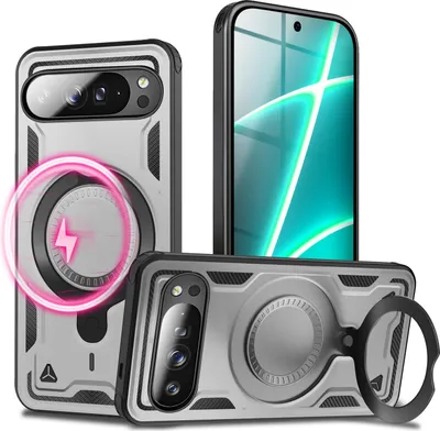 Obrázok produktu pre Kryt "Stormguard" pre Google Pixel 10 Pro XL - ochranný kryt MagSafe Military, 360° otočný krúžok a stojan, vonkajšie puzdro - strieborná búrka