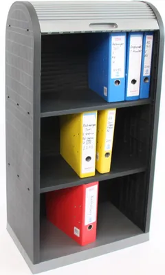 A storage cabinet with a roll-up door, filled with binders.