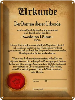 Produktbild von vianmo Blechschild 40x30 cm Hunde Urkunde Zweibeiner 1. Klasse Hund