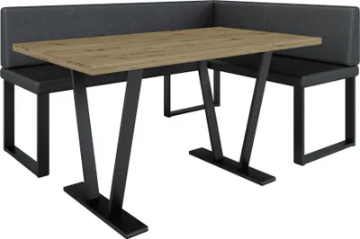A modern dining set featuring a corner bench and a table.