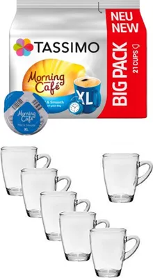 Produktbild von Morning Café XL Mild + 6 x Glas Henkelbecher Henkel 300ml, Höhe: 10,5cm