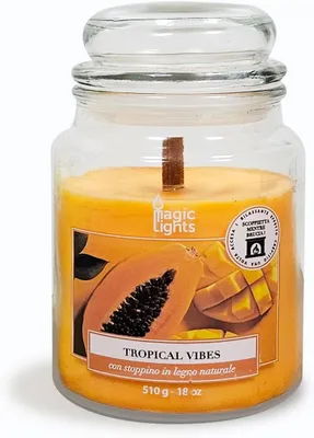 Obrázok produktu pre Sviečka v skle, 510 g, tropická vôňa – Papája – Mango, s rastlinnými voskami (min. 75%), s prírodnou drevenou knotom, ktorá praská