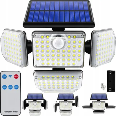 A collection of solar-powered LED lights with a remote control, presented against a white background.