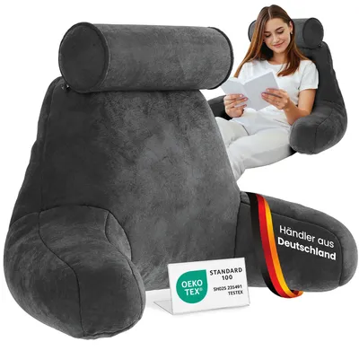 Produktbild von ELONEO  Deutsch ELONEO Rückenkissen, Lesekissen für Bett und Sofa mit Armlehnen und abnehmbarer Nackenrolle, Rückenstütze – Grau
