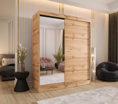 Produktbild von Schwebetürenschrank 2-türig 140x205x58 cm Eiche Wotan mit Spiegel und 4 Schubladen – Moderner Kleiderschrank für Schlafzimmer und Flur