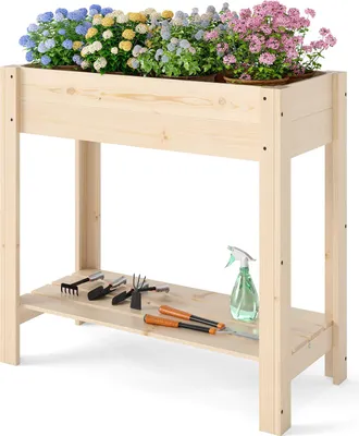 Produktbild von GOPLUS Hochbeet ohne Rollen, Gartenbeet mit Ablage & Abflusslöcher, Pflanzbeet aus Tannenholz, Natur (80 x 37 x 78 cm,ohne Rollen)