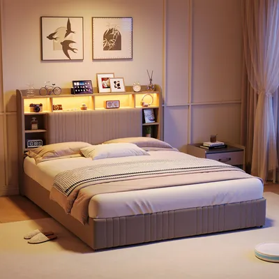 Produktbild von UnboxG Polsterbett 140x200 cm Beige mit 4 Schubladen, Bett mit Stauraum, Kopfteil mit Regal, LED Beleuchtung & USB Ladefunktion, Doppelbett Bettgestell aus Leinenstoff