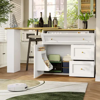 Image de OKWISH Table de bar extensible avec rangement, meuble de cuisine avec étagère à snack, armoire télescopique, îlot de cuisine blanc