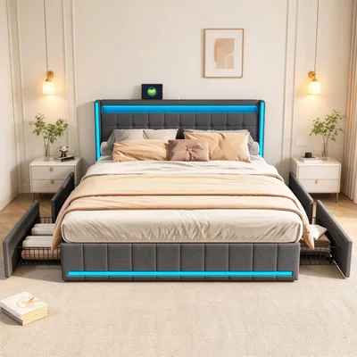 Produktbild von INONEFT Polsterbett 140x190cm mit 4 Schubladen, Jugendbett Doppelbett mit USB/Typ-C und LED, Stauraumbett Massivholzbett mit Lattenrost, Leinen, Grau