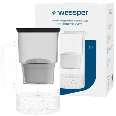 Produktbild von Wessper D2 BOROSILICATE Wasserfilterkanne 3 L Schwarz – Glasfilterkanne mit AquaMax Filter, BPA-frei