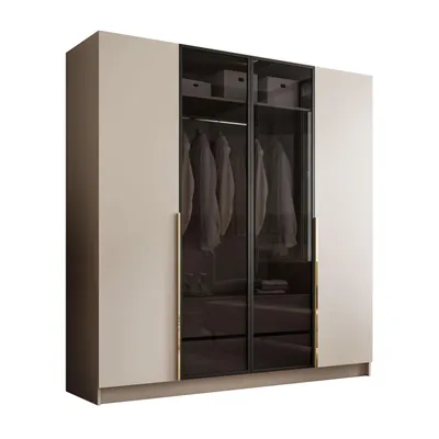 Produktbild von Viertüriger Schrank ATRIUM mit Glasfront, Kaschmir / Kaschmir Mat, Gold Chrom Griffe