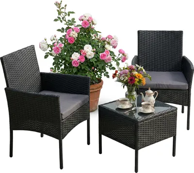 Obrázek produktu pro Sada zahradního nábytku Relaxdays, 3dílná ratanová sedací souprava, pro 2 osoby, 2 křesla a skleněný stůl, lounge nábytek, venkovní, černá