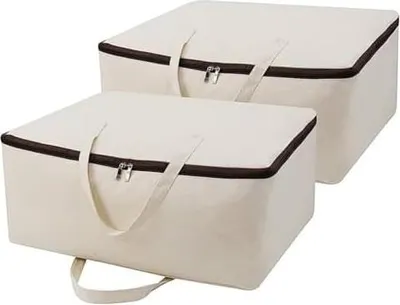 Produktbild von 2er-Pack, weiche Aufbewahrungsbeutel aus natürlichem Baumwollsegeltuch mit Griffen und 3-seitigem Reißverschluss, gut für Kleidung Decken Bettdecken Kissen Organizer im Kleiderschrank, Kleiderschrank