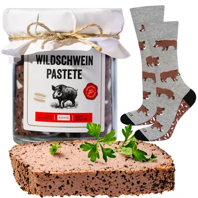 Produktbild von Herrensocken Größe 40-45 mit Wildschweinpasteten-Motiv von SOXO – Geschenke für Männer zum Geburtstag, Ostergeschenke