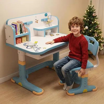 Imagen del producto de Conjunto de escritorio infantil con altura ajustable, escritorio ergonómico para estudiantes con silla, mesa de dibujo para niños de 3 a 16 años, con gran cajón, compartimentos de almacenamiento, color azul (para niños)