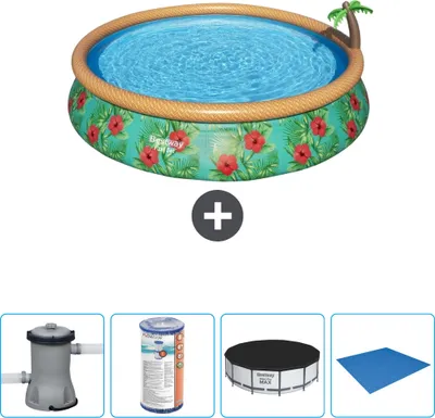 Produktbild von Bestway runder aufblasbarer Fast-Set-Schwimmpool – Paradise Print – 457 x 84 cm – inklusive Pumpe Filter - Abdeckung - Bodenplane