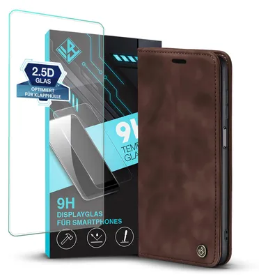 Produktbild von Handy Hülle für Samsung Galaxy A13 mit 9H Displayglas Klapphülle Bookcase Flip Cover Handy Tasche Etui Farbe: Dunkelbraun