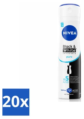 Imagen del producto de 20 unidades de desodorante en spray NIVEA Black & White Invisible Pure, 150 ml. Paquete económico