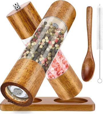 Produktbild von Salz und Pfeffermühle 2er Set, Gewürzmühle Manuell inkl Untersetzer, Reinigungspinsel, Löffel 21,5 cm Holz Salzmühle mit Verstellbarem Keramikmahlwerk