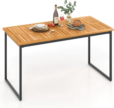 Obrázek produktu pro Jídelní stůl z akátového dřeva, 140 cm obdélníkový zahradní stůl s deskou z akátového dřeva, kovovými nohami a otvorem na slunečník pro 6-8 osob, přírodní + černá barva