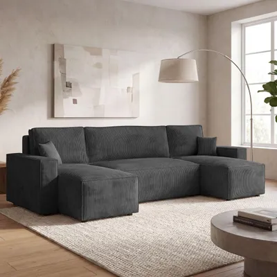 Obrázek produktu pro Rohová sedačka EZIMPAZ Wohnlandschaft U-tvaru CORDO, šedá barva, s možností rozložení na lůžko, rozměry 140x310 cm