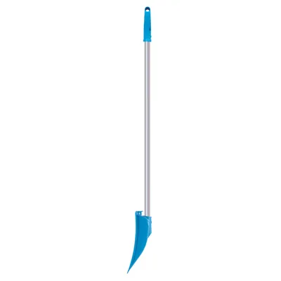 A blue and silver snow shovel on a white background.