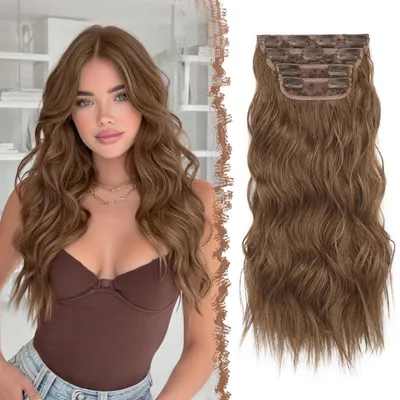 Obrázok produktu pre Clip-in predĺženie vlasov, 4 kusy, 50 cm, vlnité, syntetické, farba karamel, zmiešaná, hmotnosť 180 g