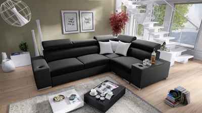 Produktbild von Ecksofa mit Schlaffunktion Eckcouch PERS II (Schwarz SAWANA 14 + schwarzes Kunstleder, Rechts)