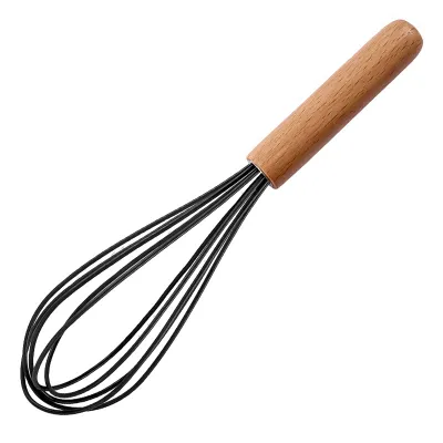 A kitchen whisk with a wooden handle and black silicone wires.